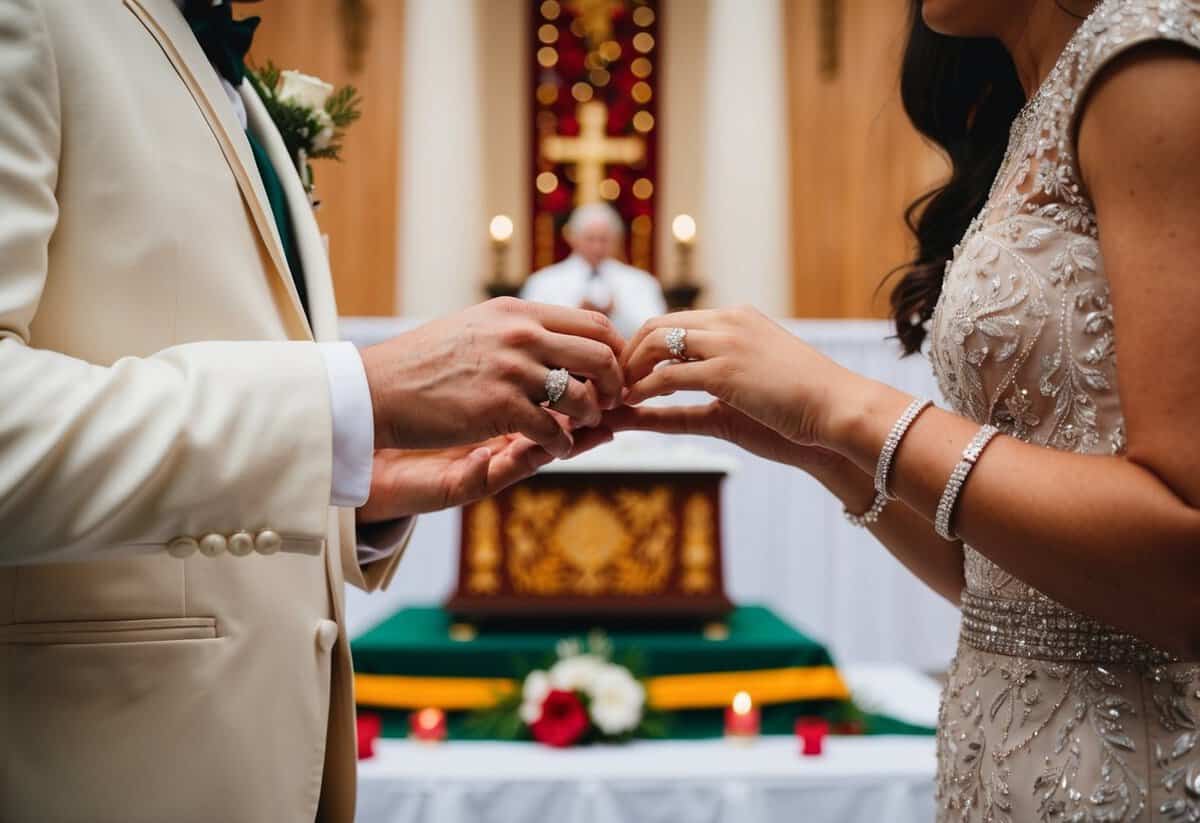 A couple exchanging rings in front of a ceremonial altar