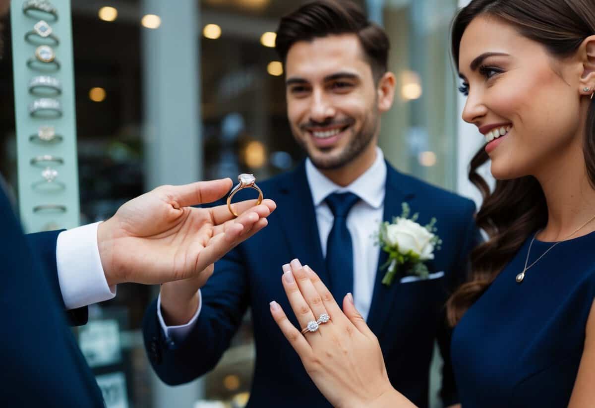 A man's hand holds out a wedding ring to a woman's hand. She smiles and nods, accepting the ring. A jeweler's shop window displays various rings