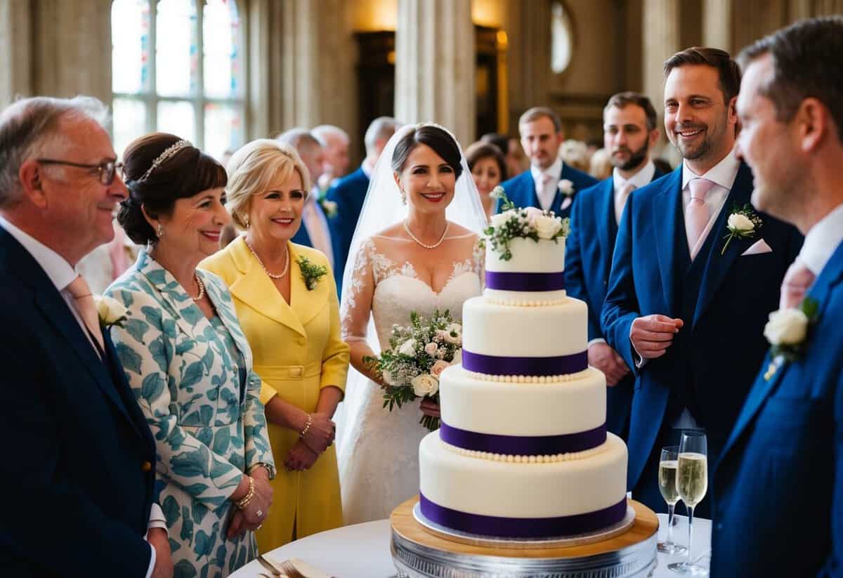 A traditional British wedding with guests, a bride and groom, and a tiered wedding cake on display