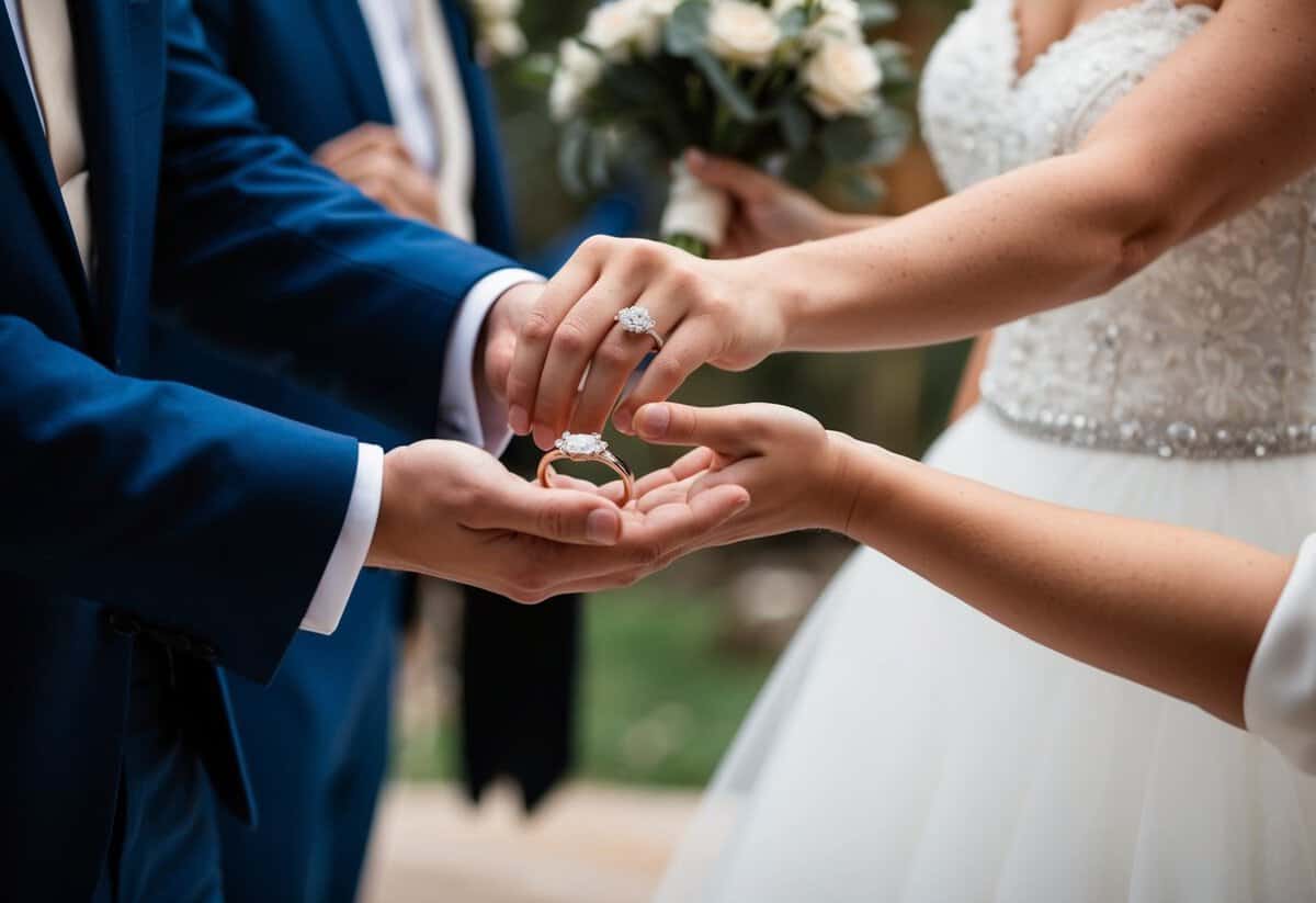 A groom's hand holding out a wedding ring, while a bride's hand reaches out to accept it