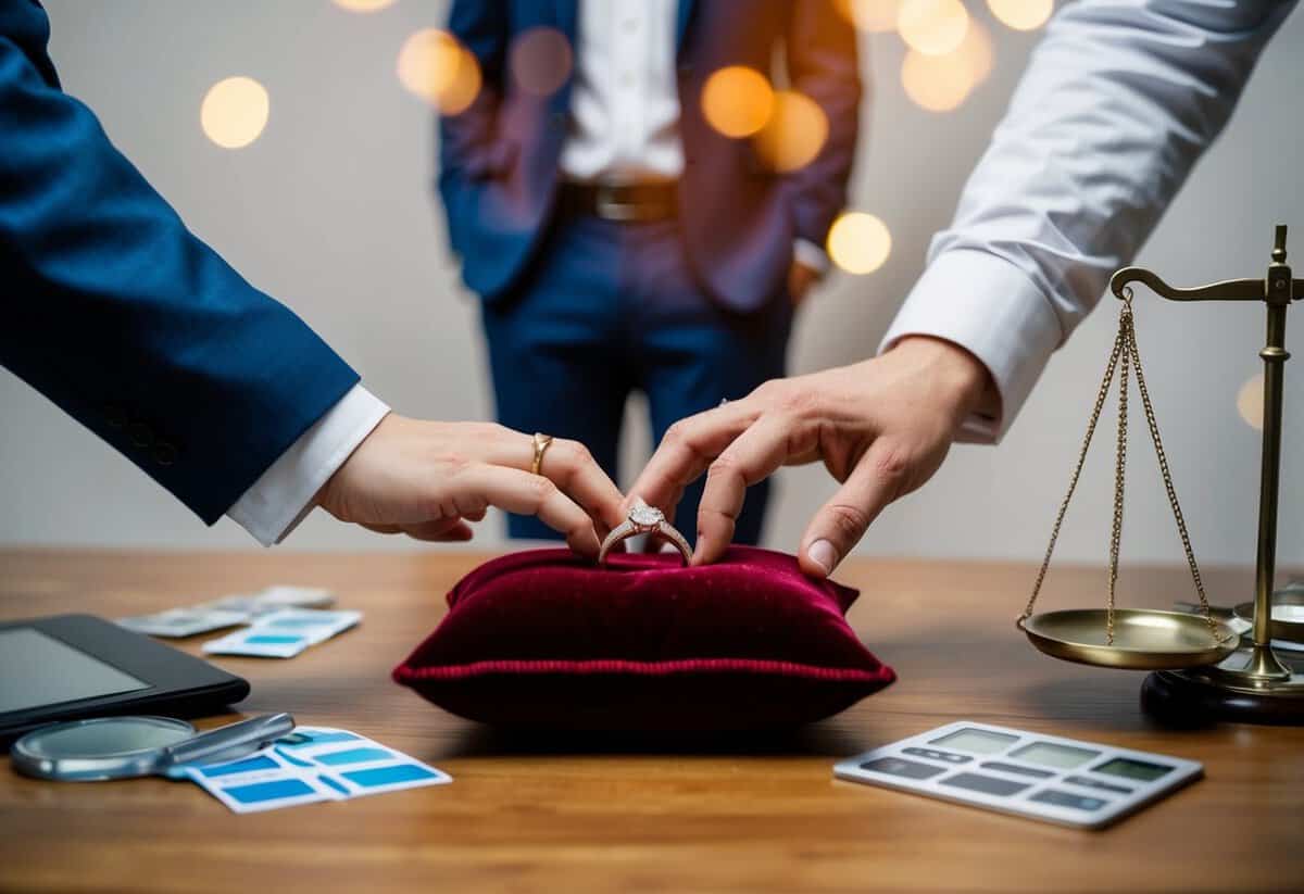 A couple's hands reaching for a wedding ring on a velvet cushion, surrounded by various options and a scale symbolizing the decision-making process
