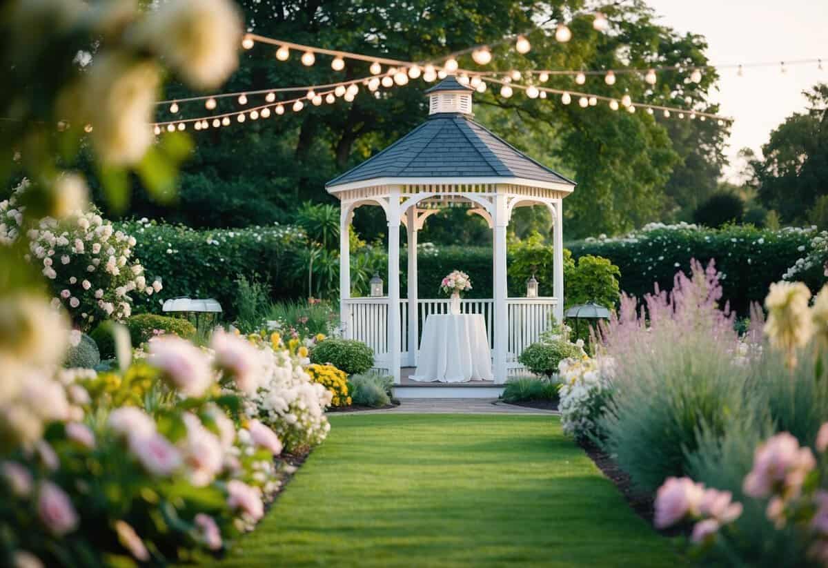 A serene garden with blooming flowers, a charming gazebo, and twinkling string lights creating a romantic ambiance for a timeless wedding