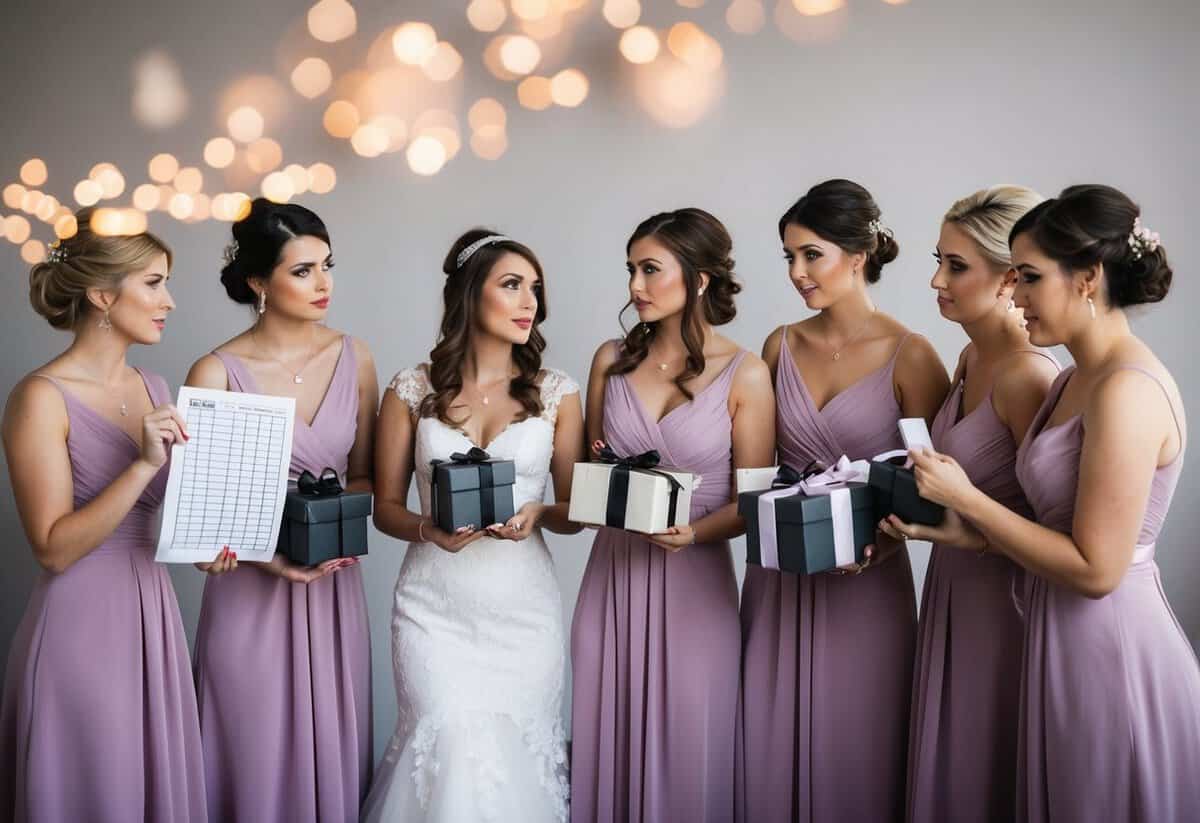 A group of bridesmaids discussing and exchanging gifts, with one bridesmaid holding a list of expenses and another looking slightly confused