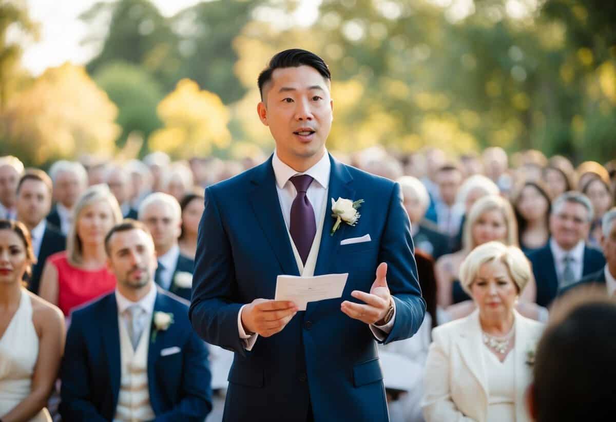 A wedding officiant speaking before an audience