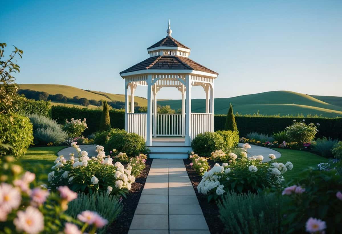 A serene garden with a white gazebo surrounded by blooming flowers and lush greenery, set against a backdrop of rolling hills and a clear blue sky
