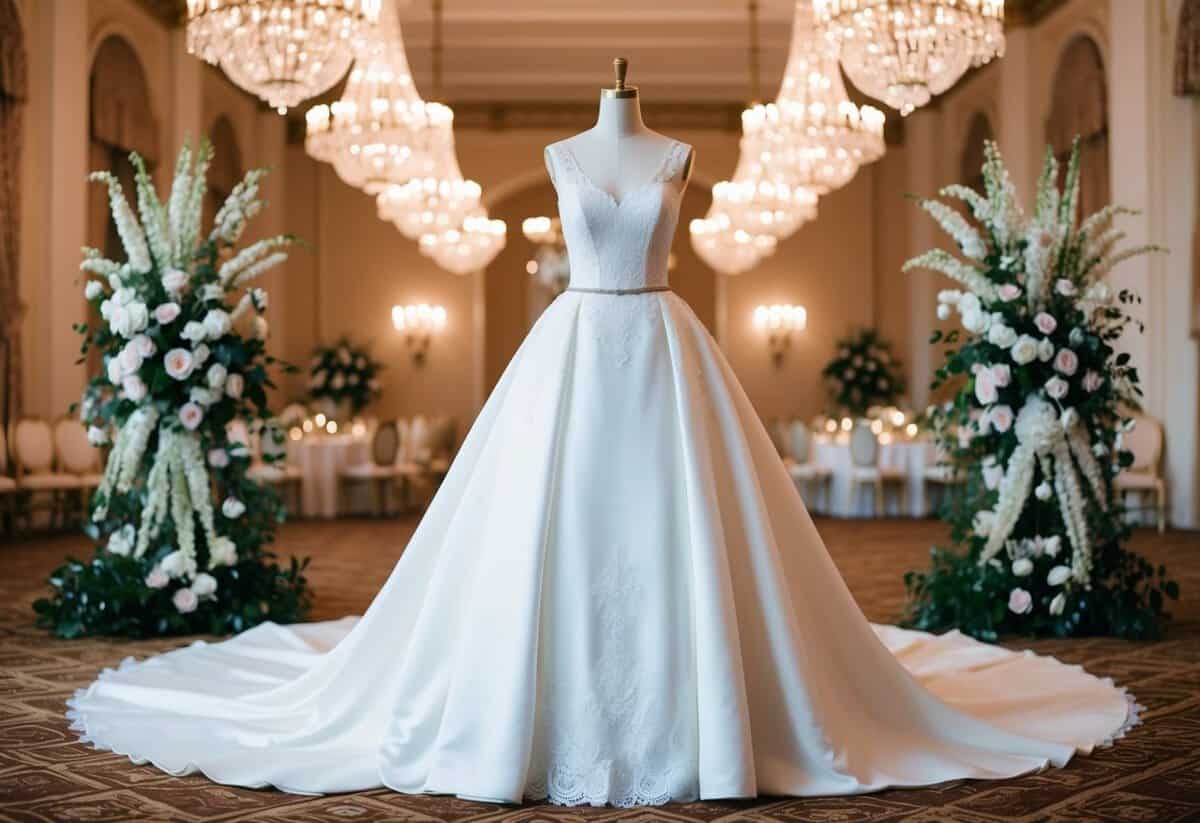 A classic white wedding gown with lace detail displayed in a grand ballroom adorned with elegant floral arrangements and crystal chandeliers