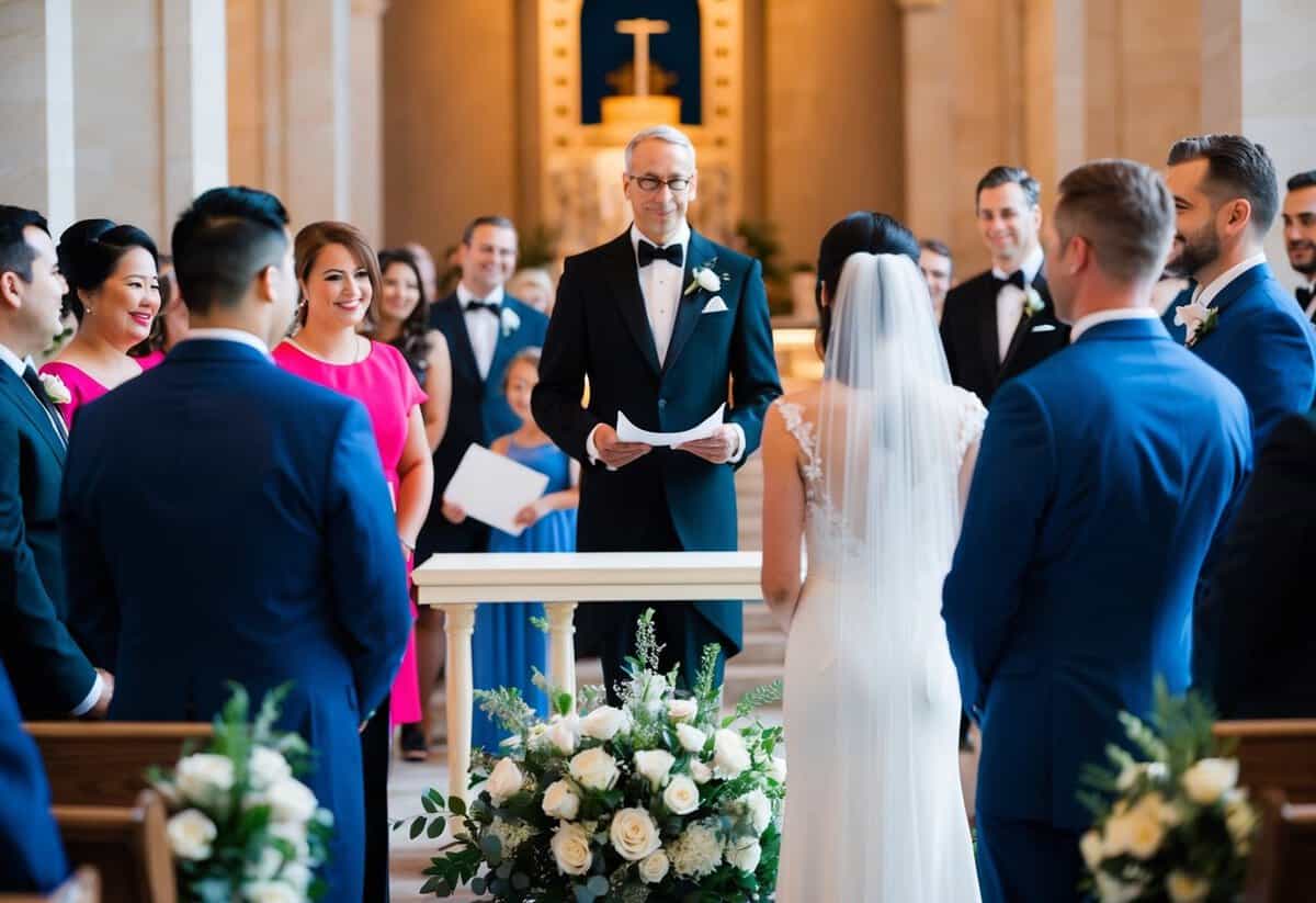 A figure in formal attire stands at an altar with a couple before them, surrounded by guests. The figure speaks, while the couple exchanges vows