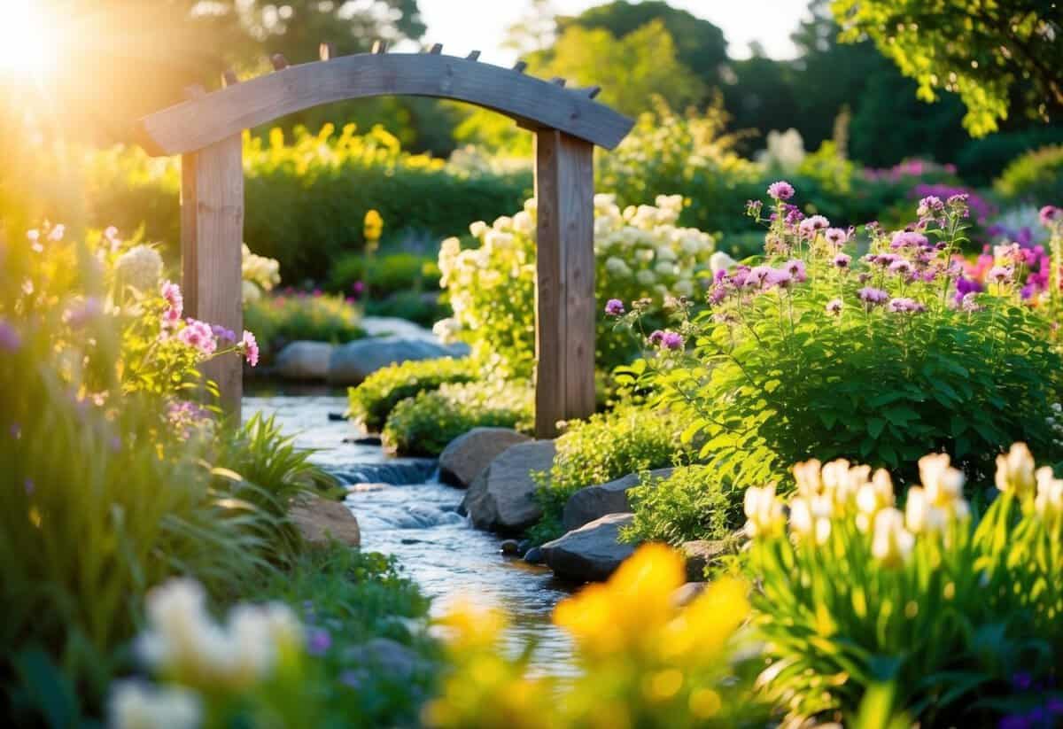 A serene garden with blooming flowers, a rustic wooden arch, and a flowing stream, all bathed in golden sunlight