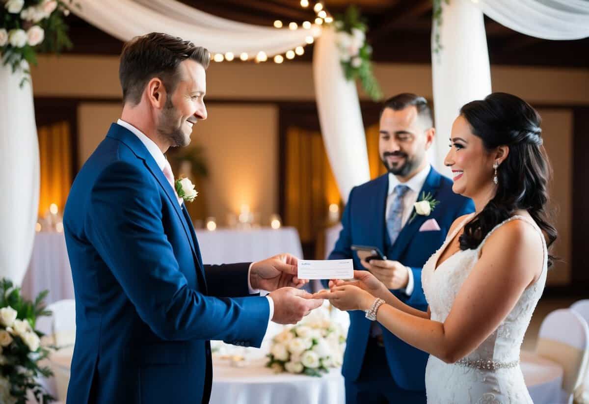 A man in a suit hands over a check to a wedding planner in a decorated venue