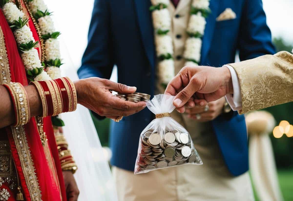 A bride's father handing over a bag of coins to a groom, symbolizing the traditional financial responsibility of the bride's family for the wedding