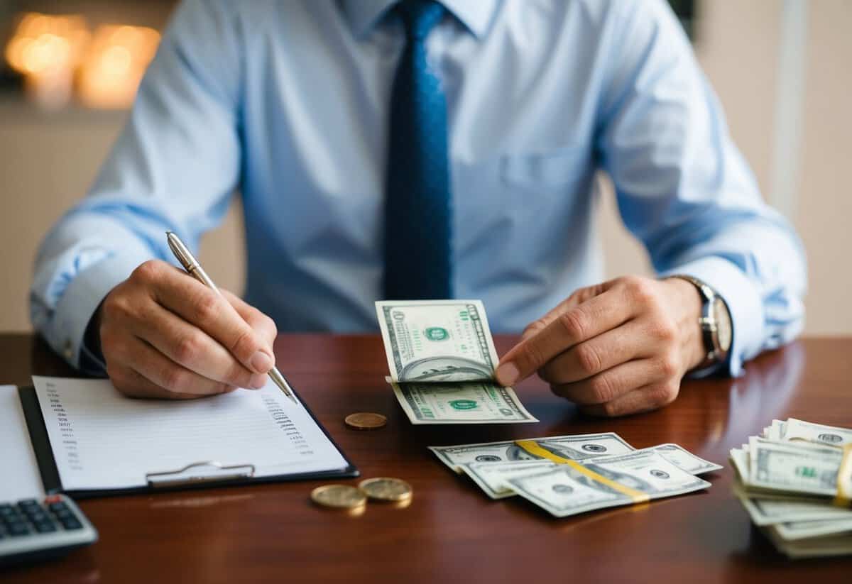 A father counting money while looking at a list of wedding expenses