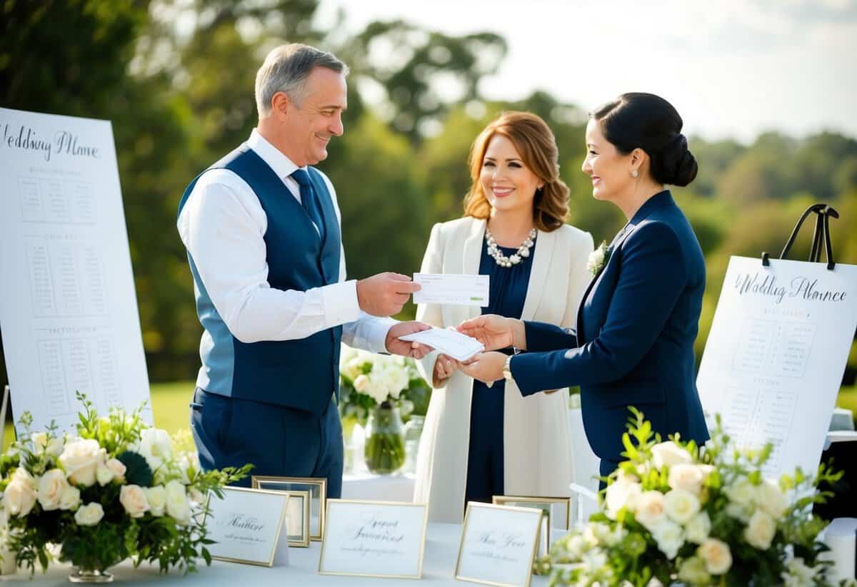 A father presents a check to a wedding planner, surrounded by floral arrangements and seating charts