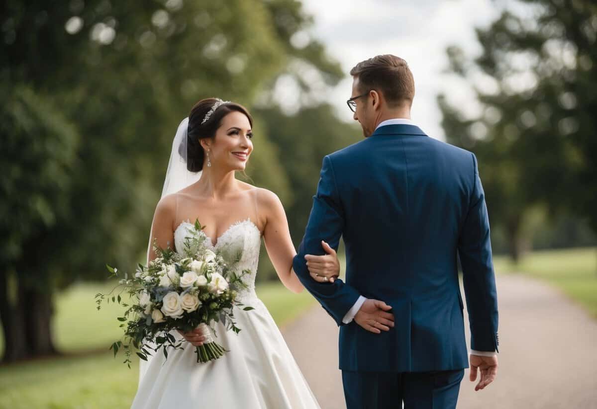 A bride is escorted by a figure toward another, symbolizing a transfer of responsibility and care