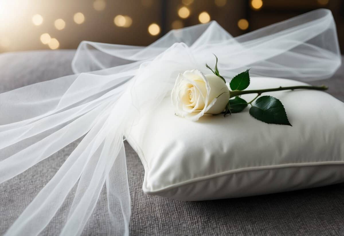 A bridal veil draped over a pillow, with a single white rose resting on top