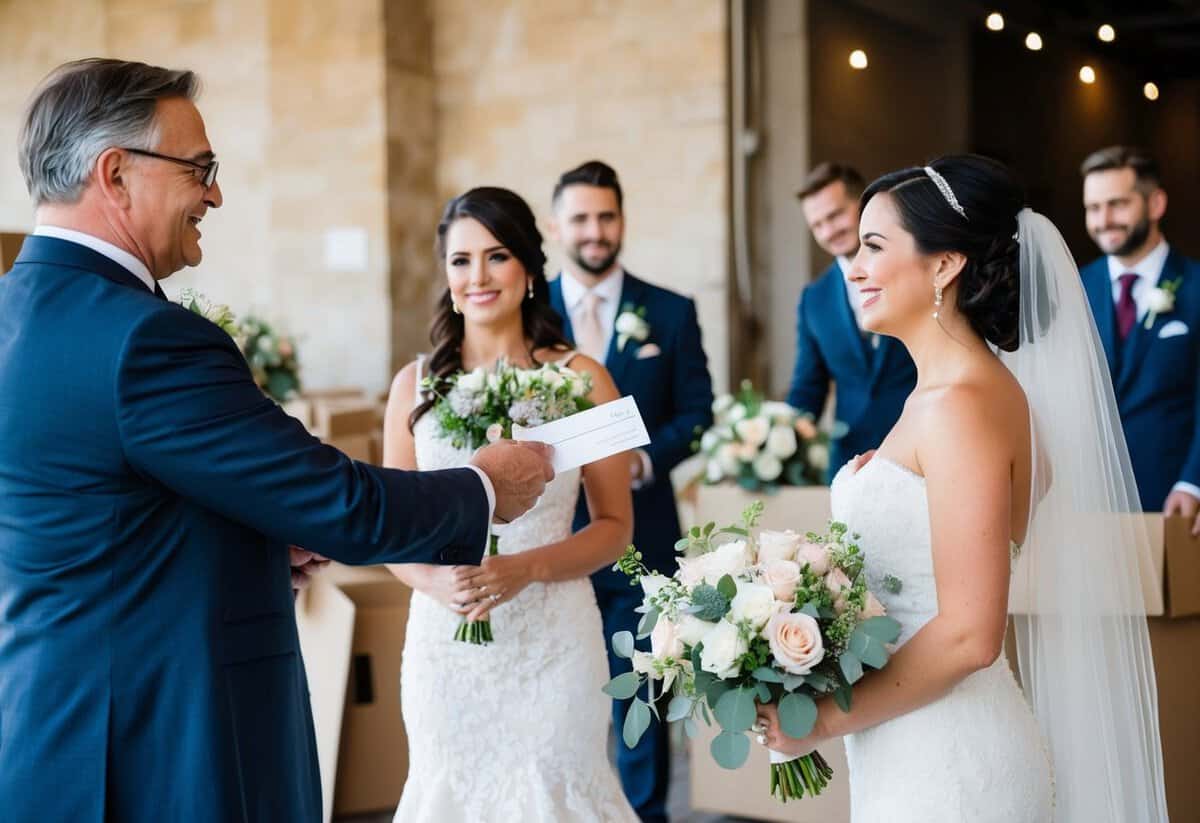 A father hands over a check to a wedding planner, while the bride and groom look on with gratitude. Flowers and decorations are being packed away in the background