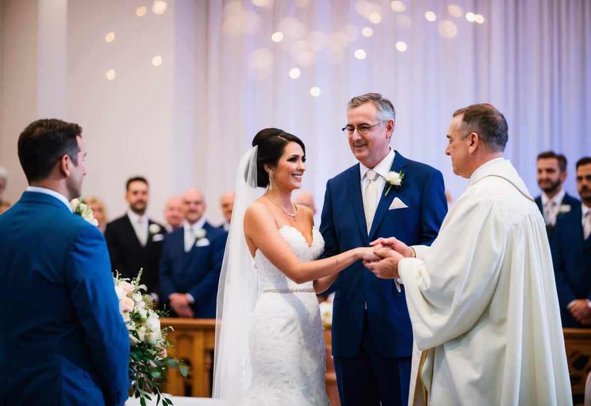 A bride stands at the altar, her father beside her, handing her over to the groom. The gesture symbolizes the transition of care and responsibility from one family to another