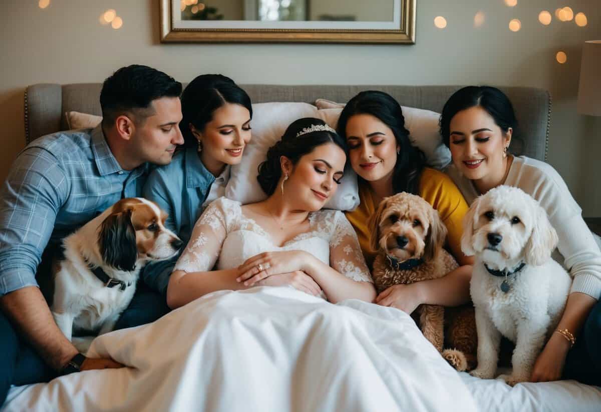 The bride sleeps surrounded by her support system, including family, friends, and pets, in a cozy and comforting environment