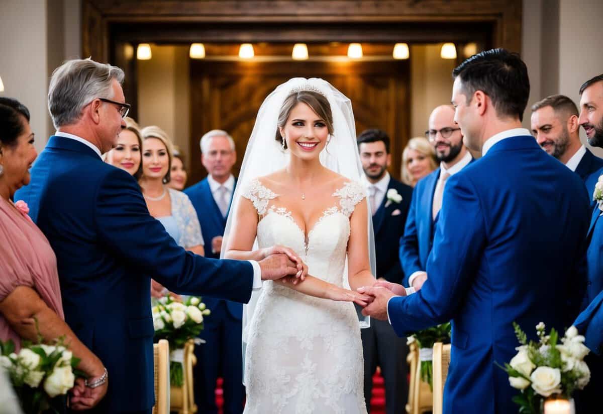A bride stands at the center of a traditional wedding ceremony, surrounded by family and friends. Her father gently places her hand in the hand of her groom, symbolizing the act of giving her away