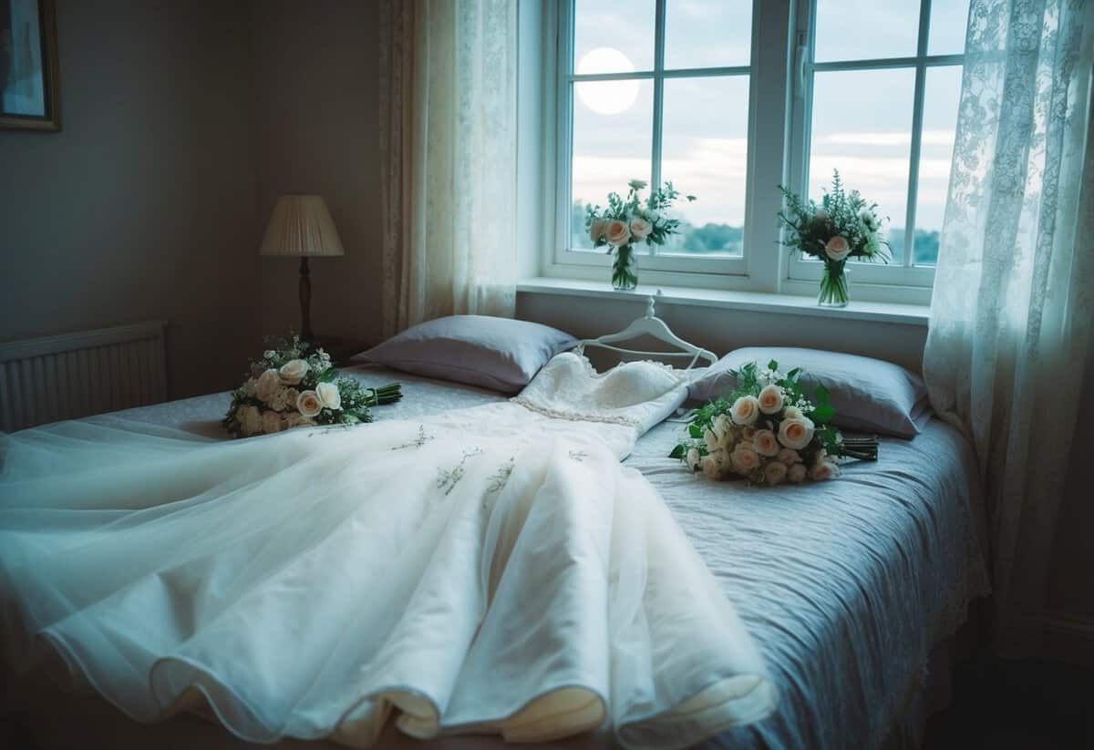 A bride's wedding dress laid out on a bed, surrounded by delicate lace and flowers, as the moonlight filters through the window
