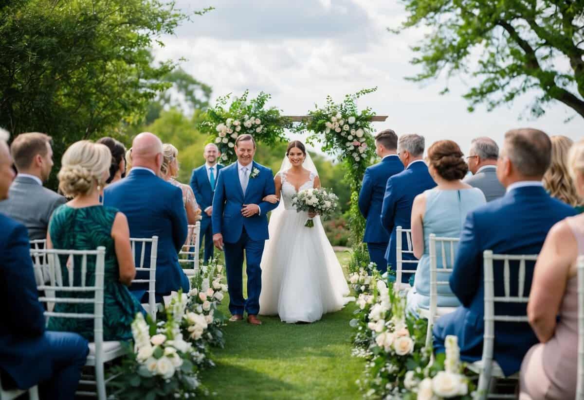 An outdoor wedding ceremony with a bride in a flowing white dress and guests in formal attire, surrounded by lush greenery and blooming flowers