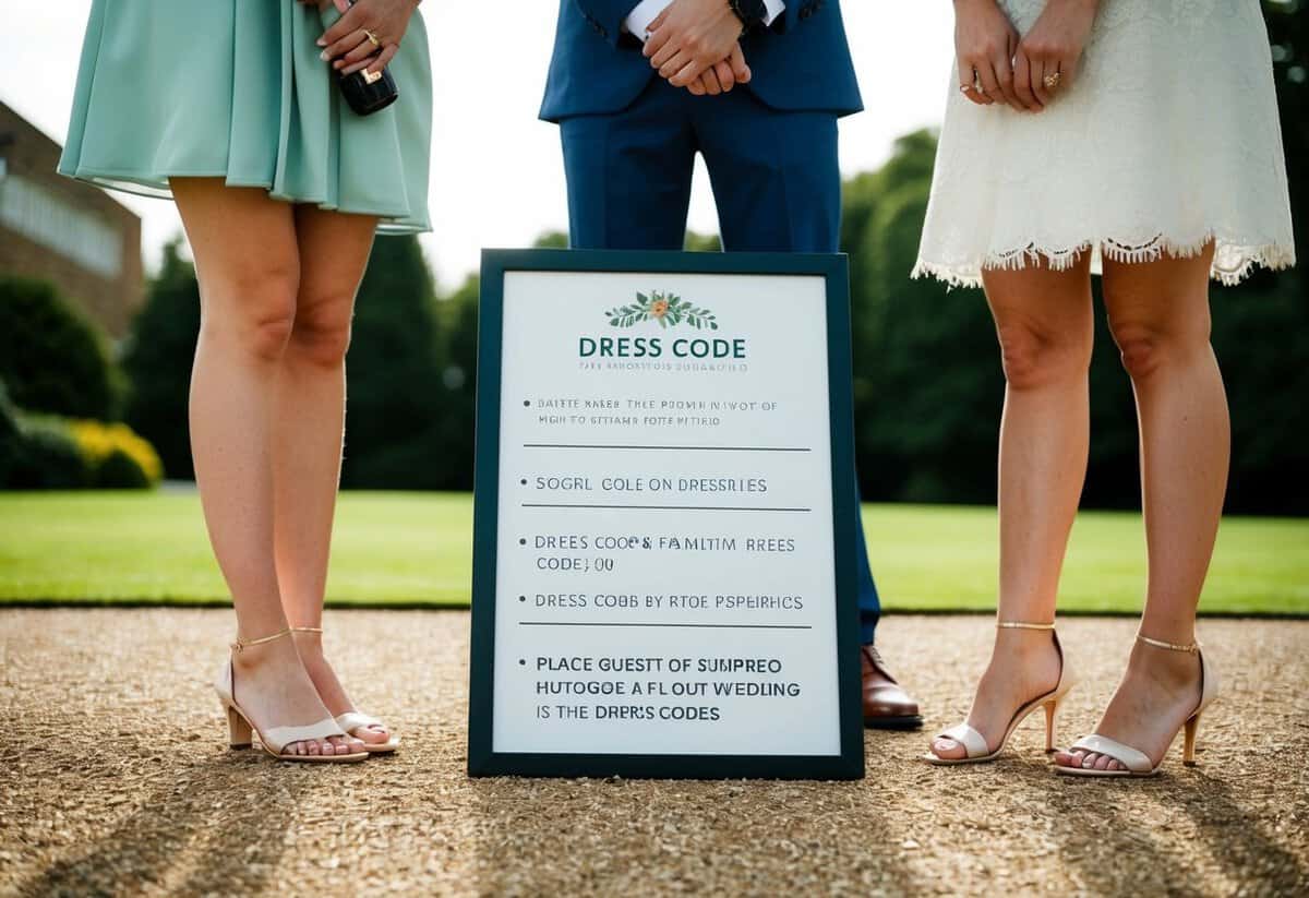 A wedding guest with bare legs standing in front of a sign displaying different dress codes
