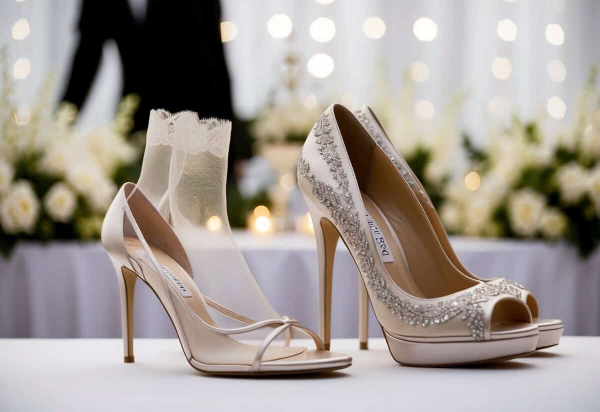 A pair of elegant high-heeled shoes next to a sheer pair of stockings, set against a backdrop of a formal wedding setting
