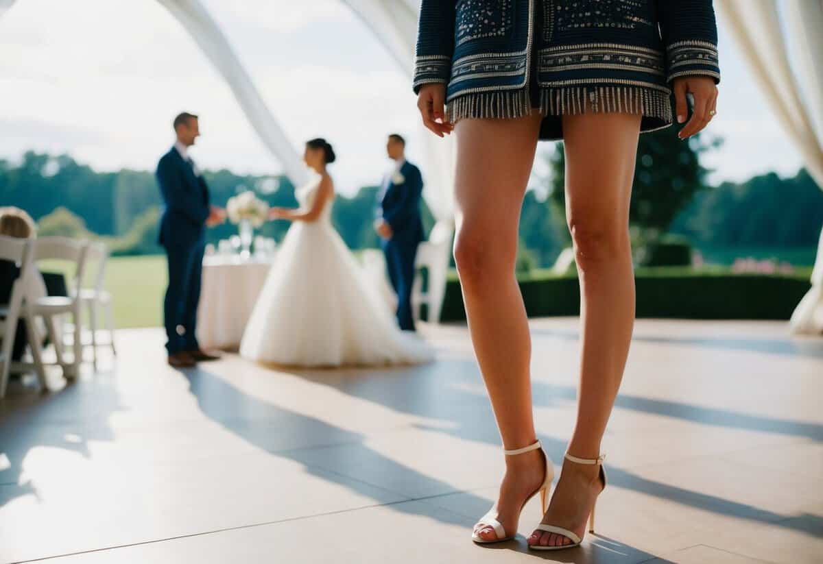 A figure in a stylish outfit with bare legs, standing at a wedding venue