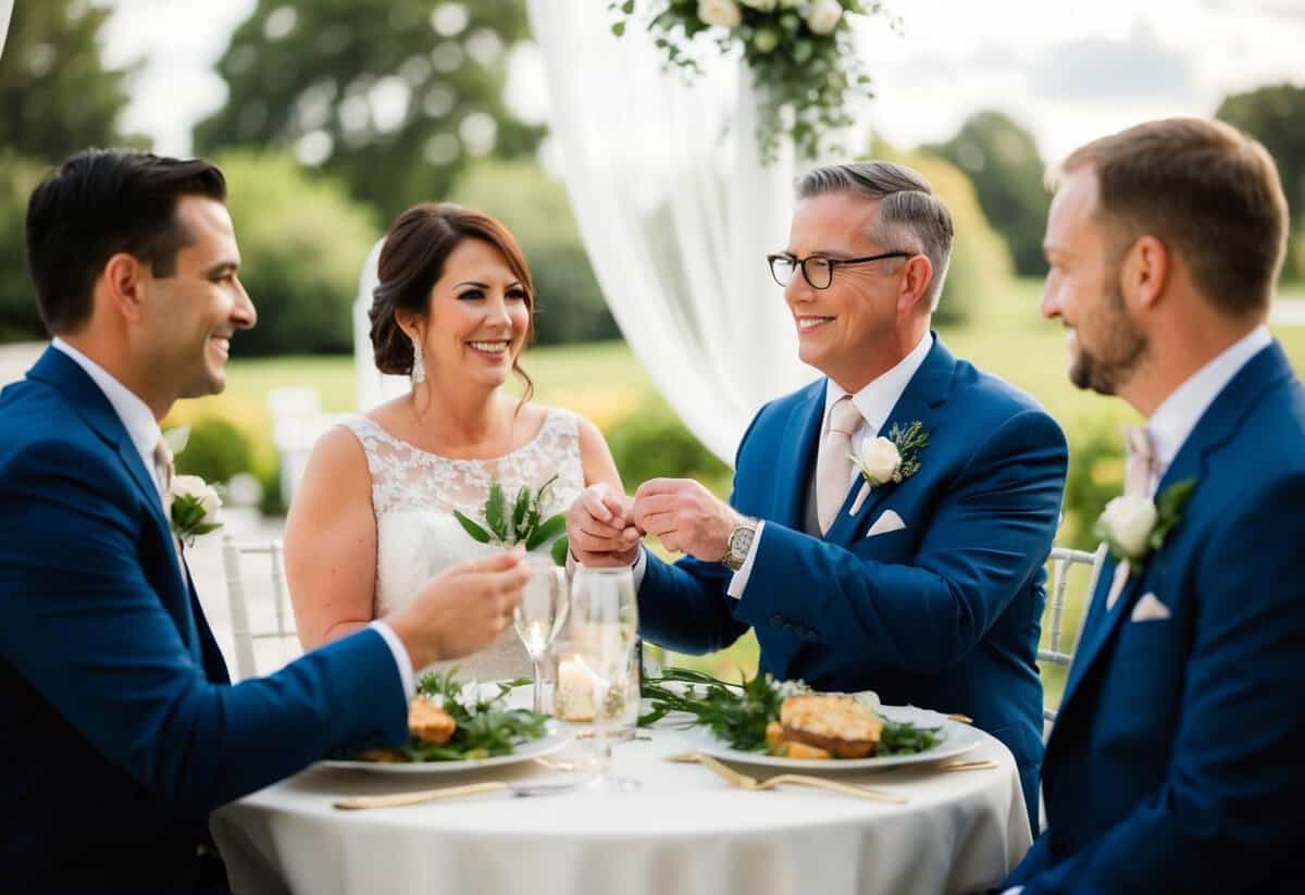 The groom's parents pay for pre-ceremony expenses like the rehearsal dinner and the ceremony costs such as the officiant and marriage license