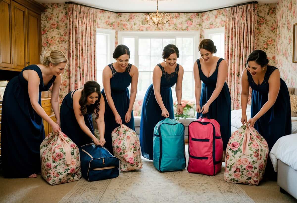 Bridesmaids unpacking overnight bags in a cozy, flower-filled room