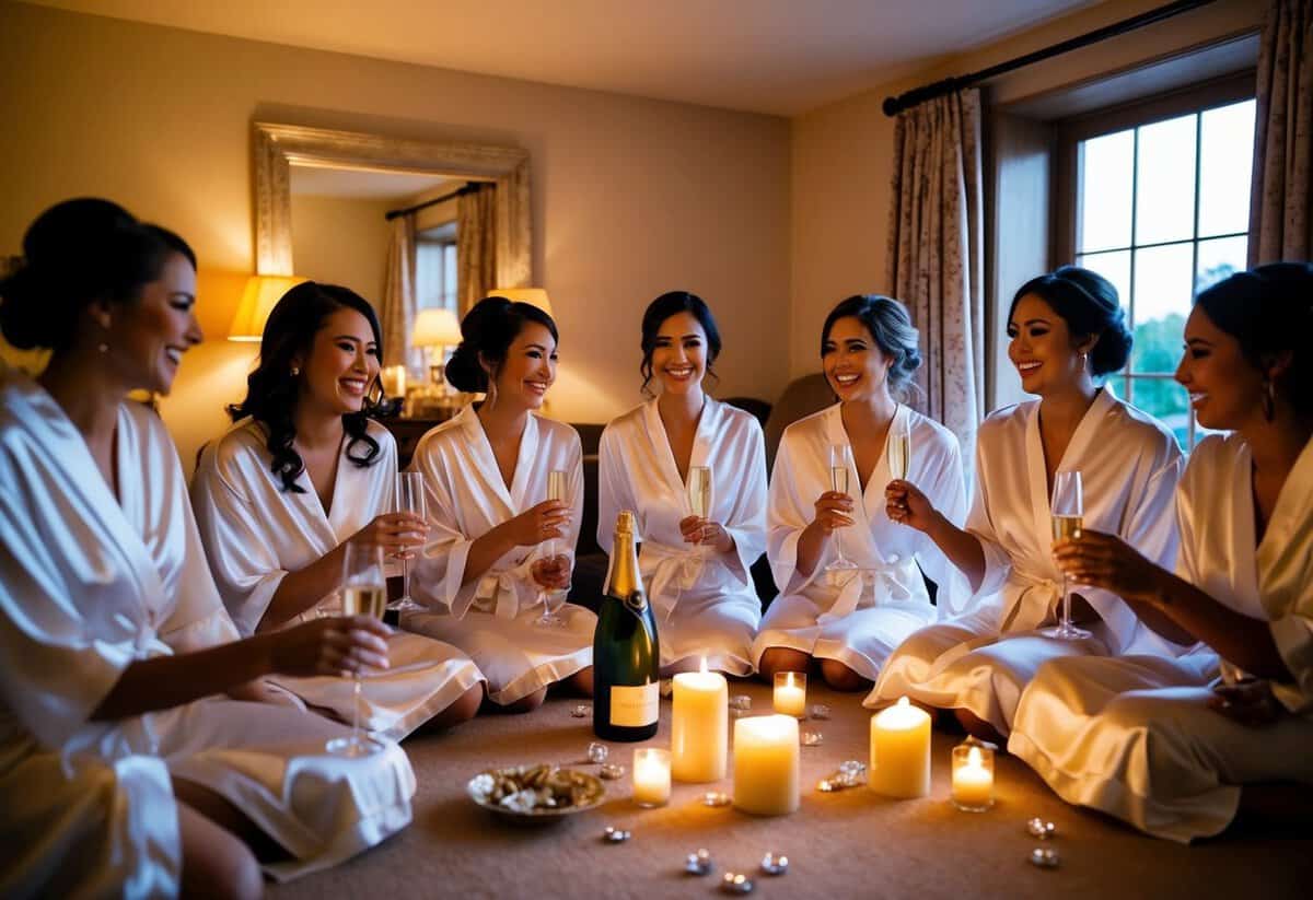 Bridesmaids gather in a cozy, candlelit room, with scattered robes, champagne, and laughter, preparing for the pre-wedding evening