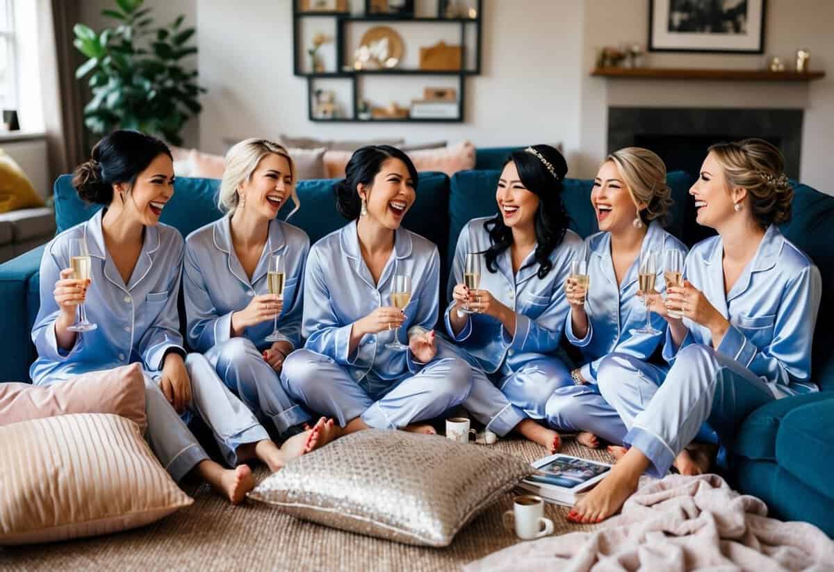 A cozy living room with scattered pillows, blankets, and champagne flutes. A group of bridesmaids giggling and playing games while wearing matching silk pajamas