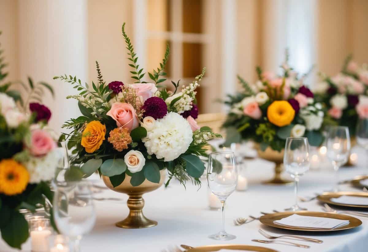 A table adorned with floral centerpieces and decorative arrangements