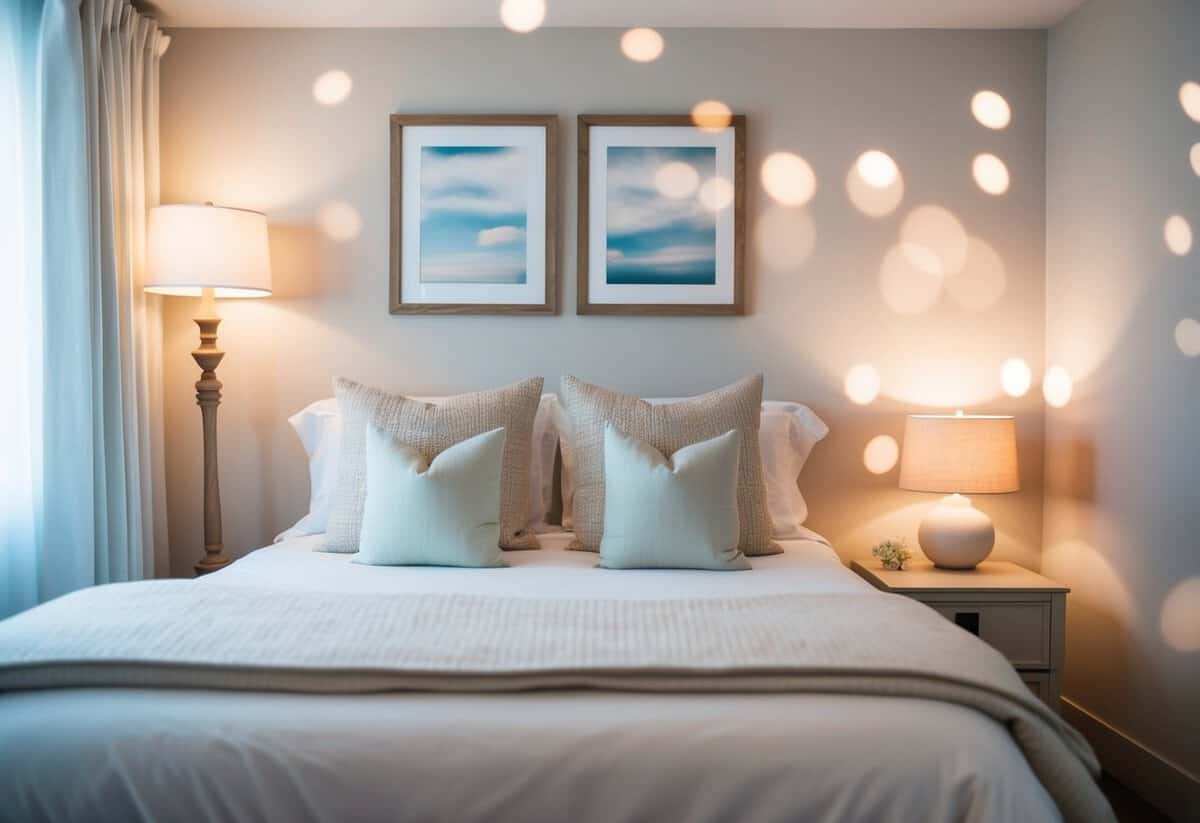 A cozy and serene bedroom with soft lighting, comfortable bedding, and calming decor