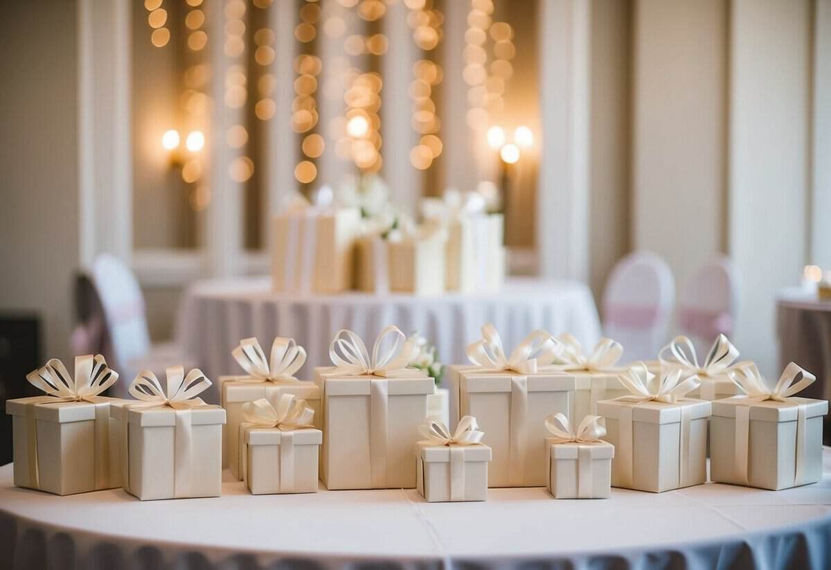 Bridal party gifts arranged on a table with final preparations for the wedding