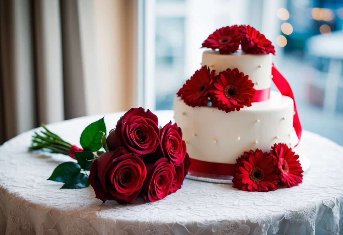 A red rose bouquet resting on a white lace tablecloth beside a wedding cake adorned with red flowers and ribbon
