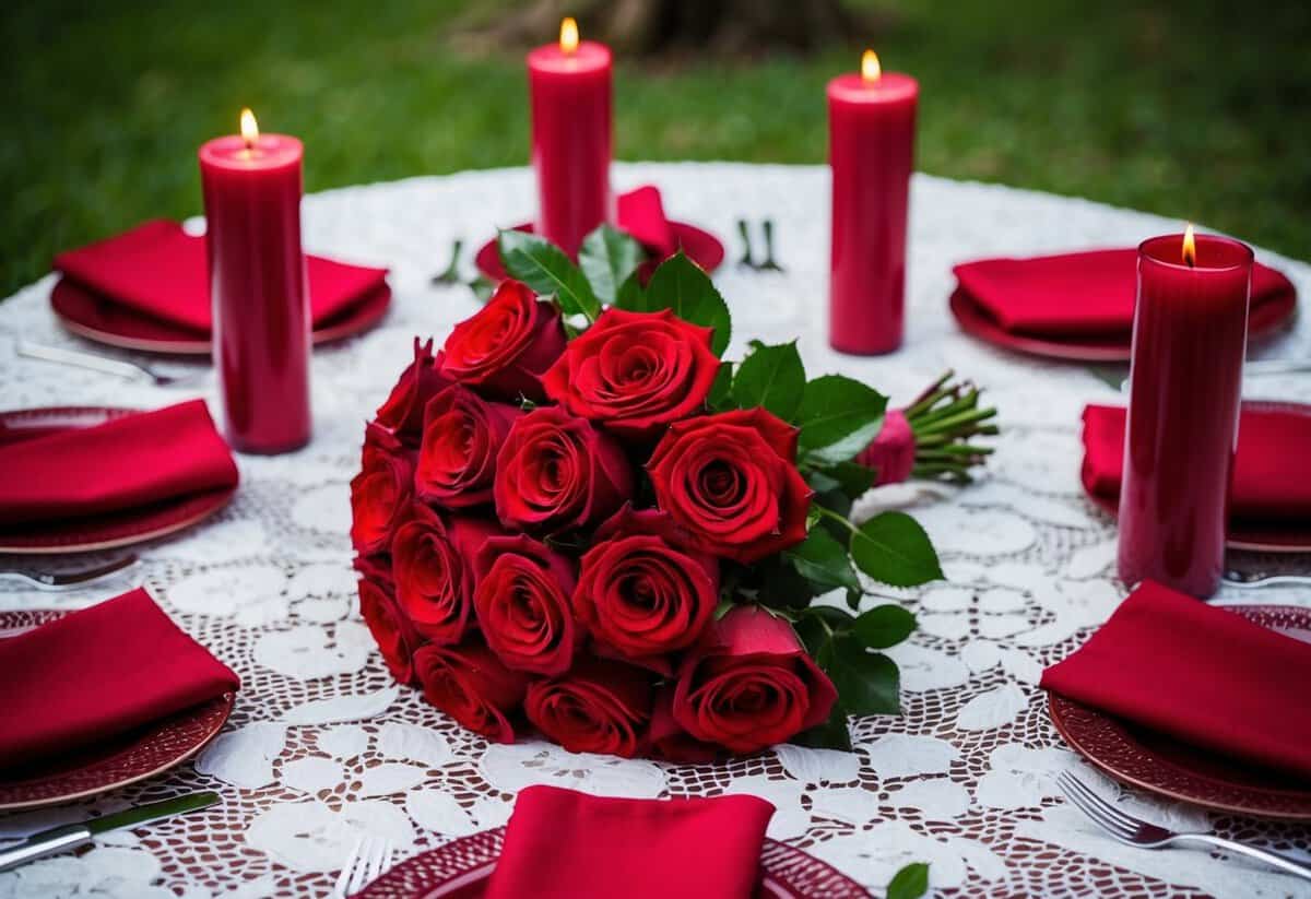 A red rose bouquet sits on a white lace tablecloth, surrounded by crimson candles and ruby-colored napkins