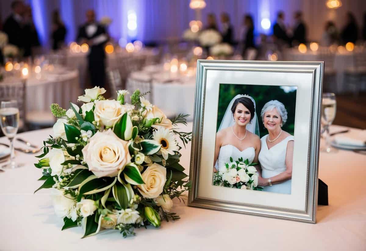 A bouquet of flowers and a framed photo of the bride and her mother placed on a beautifully decorated table at the wedding reception
