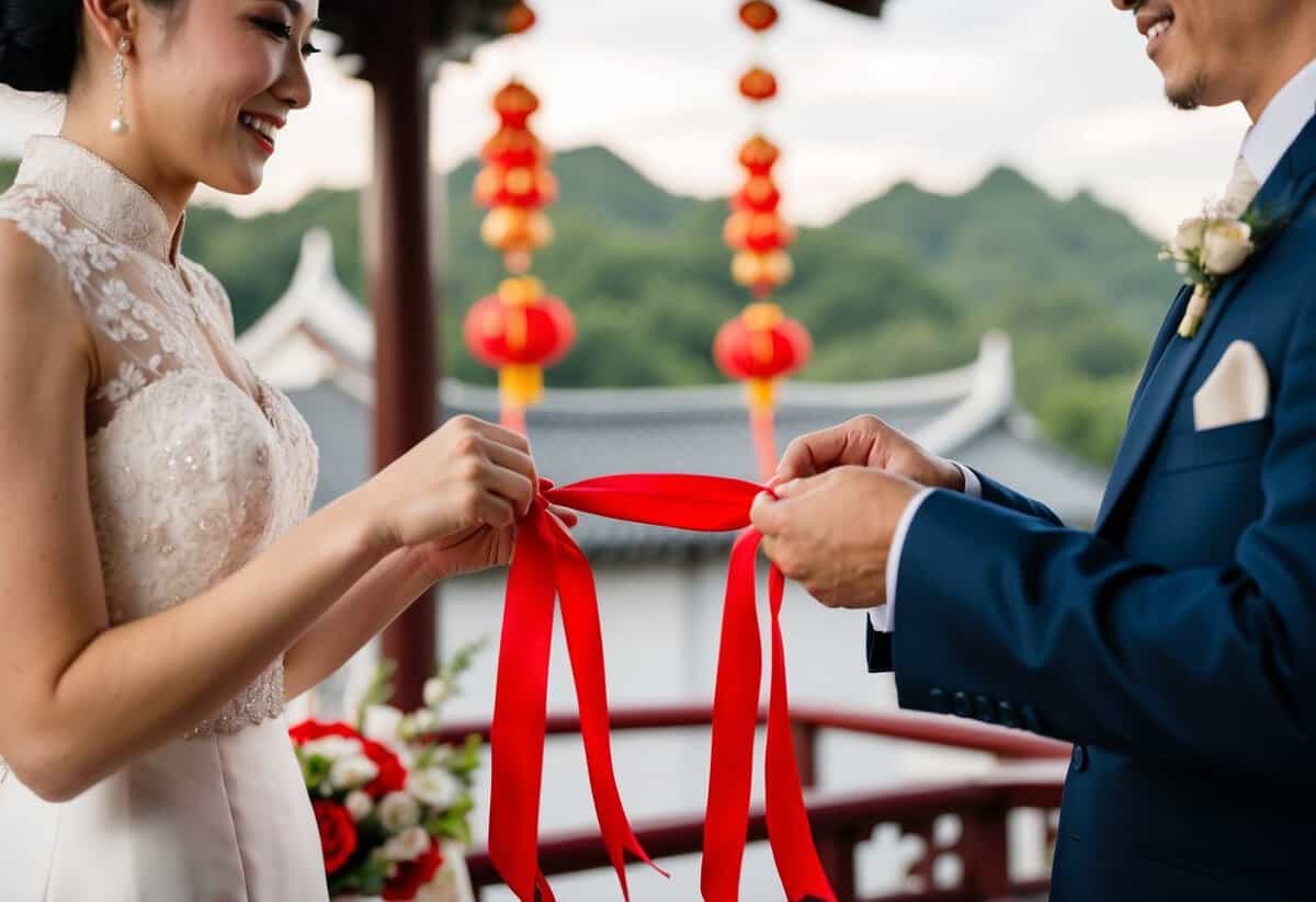 A bride and groom exchange red silk ribbons as a symbol of love and prosperity in a traditional Chinese wedding ceremony