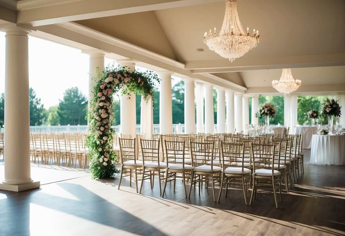 A sunlit outdoor wedding ceremony with a floral arch and rows of chairs, followed by a reception in a decorated banquet hall with a dance floor