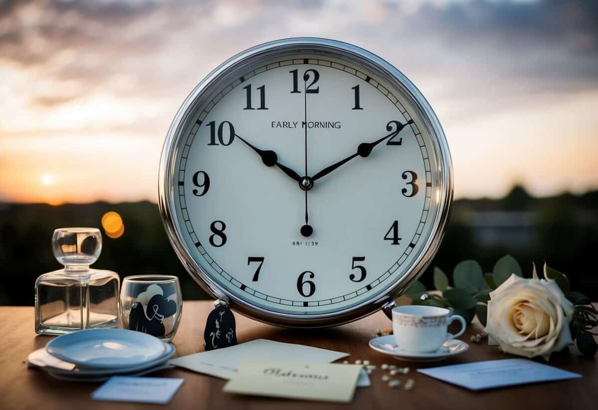 A clock showing the time from early morning to late evening, with various wedding-related items scattered around
