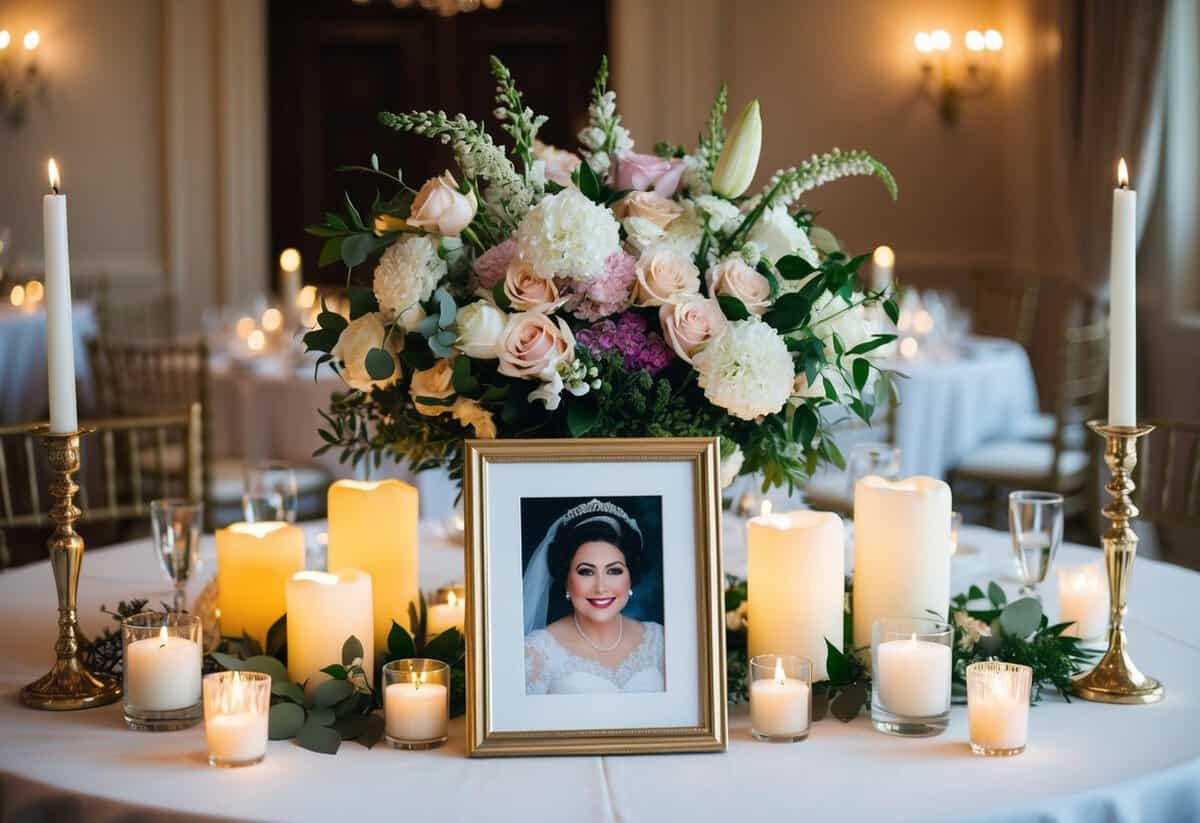 A bouquet of flowers and a framed photo of the bride's mother displayed on a table, surrounded by soft candlelight and elegant decor