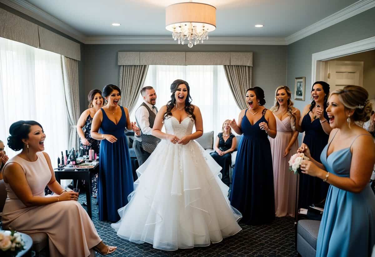 A bustling bridal suite with makeup, hair styling, and dress preparations, surrounded by excited bridesmaids and family members