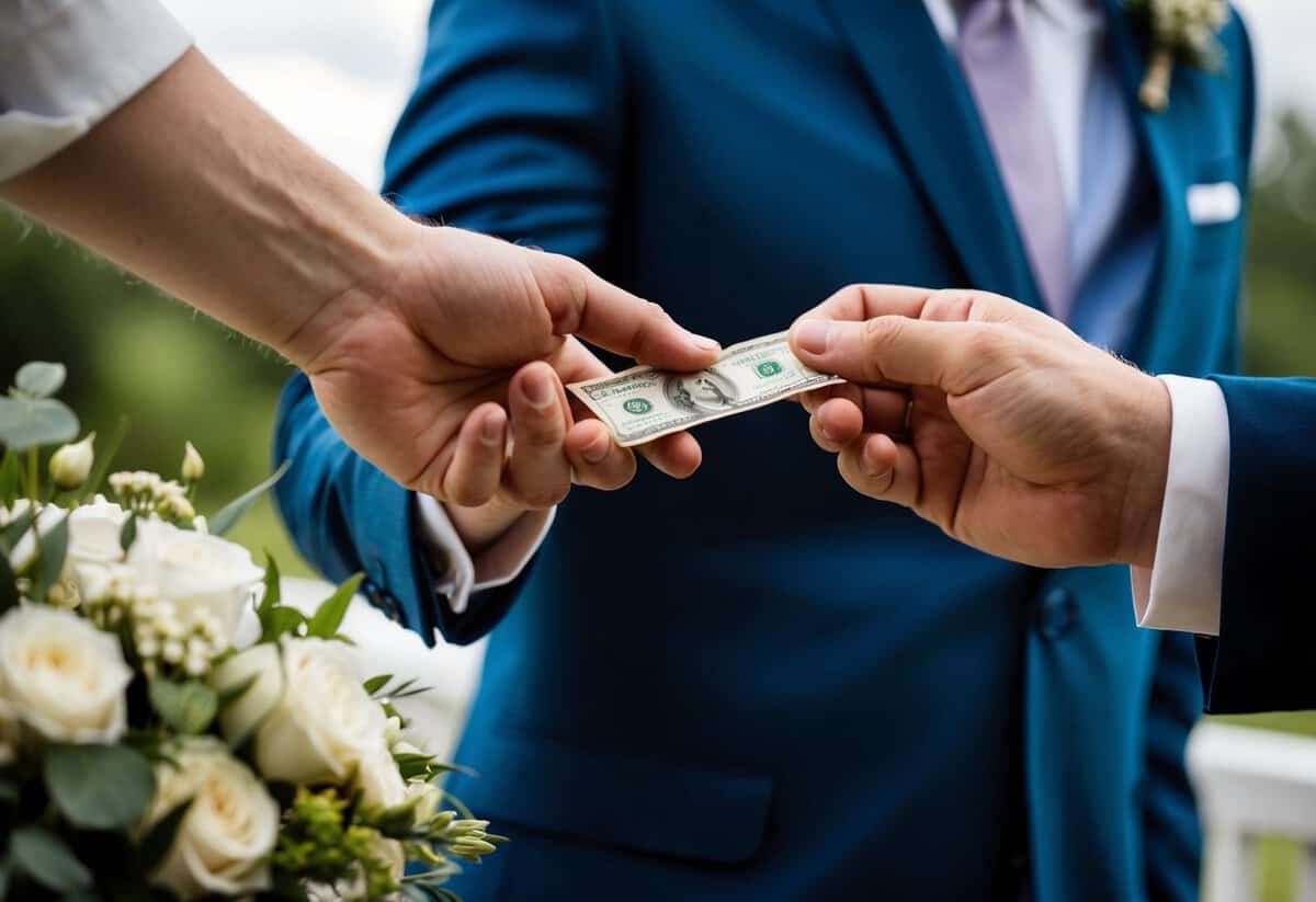 A groom's hand placing money in a wedding planner's hand