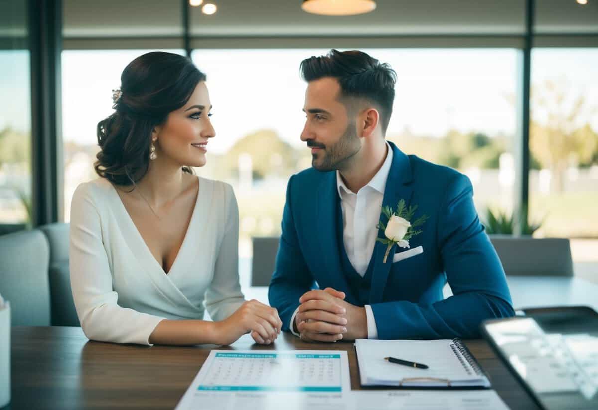 A couple sitting at a table, discussing finances and wedding plans, with a calendar and budget spreadsheet in front of them