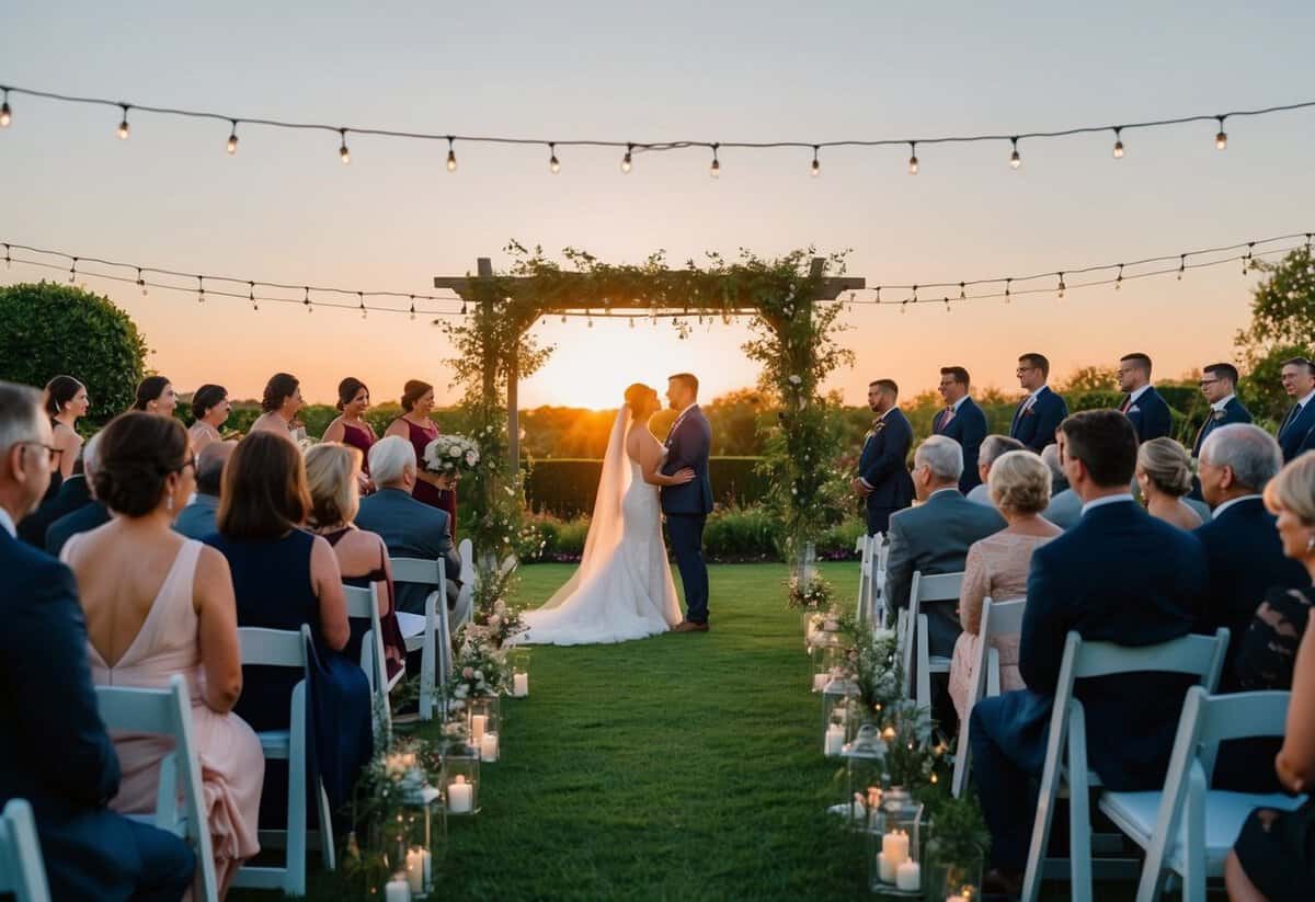 A sunset ceremony in a garden, followed by an evening reception under twinkling lights