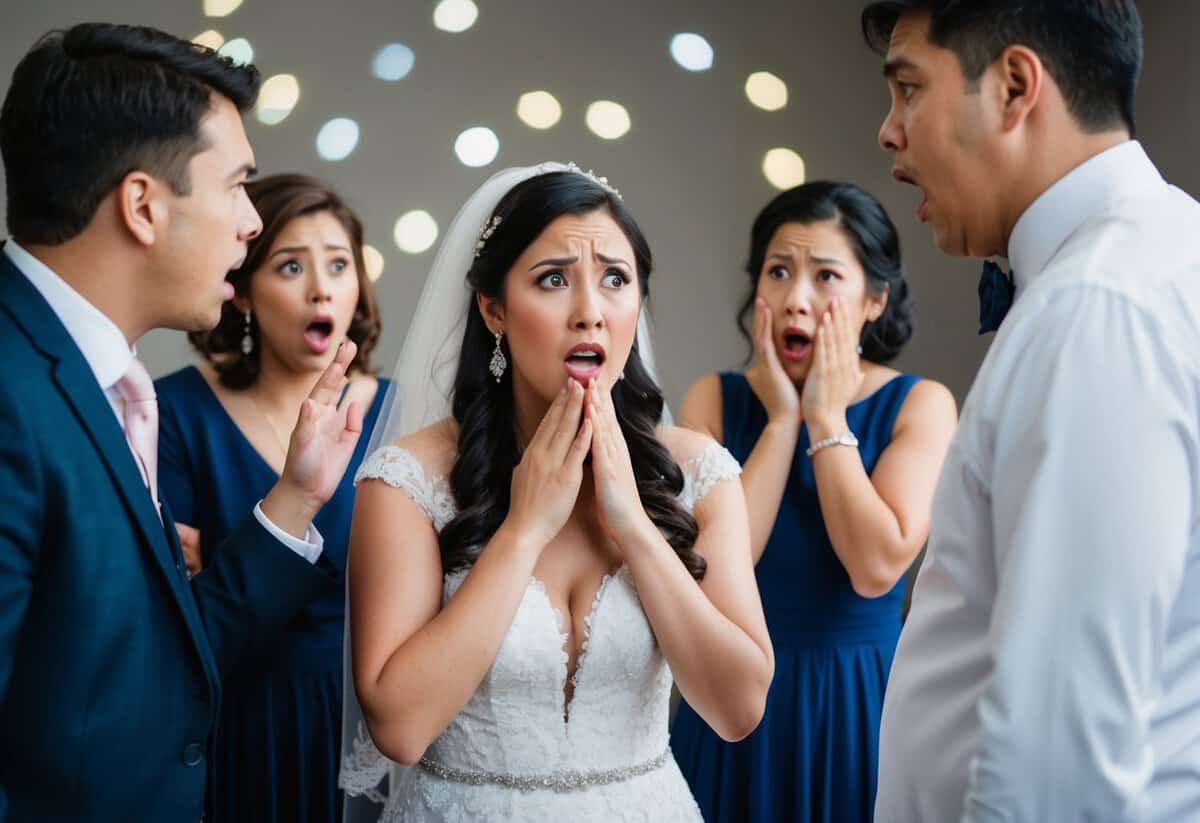 A bride with a distressed expression as a person makes an inappropriate comment, while others around her look shocked and disapproving