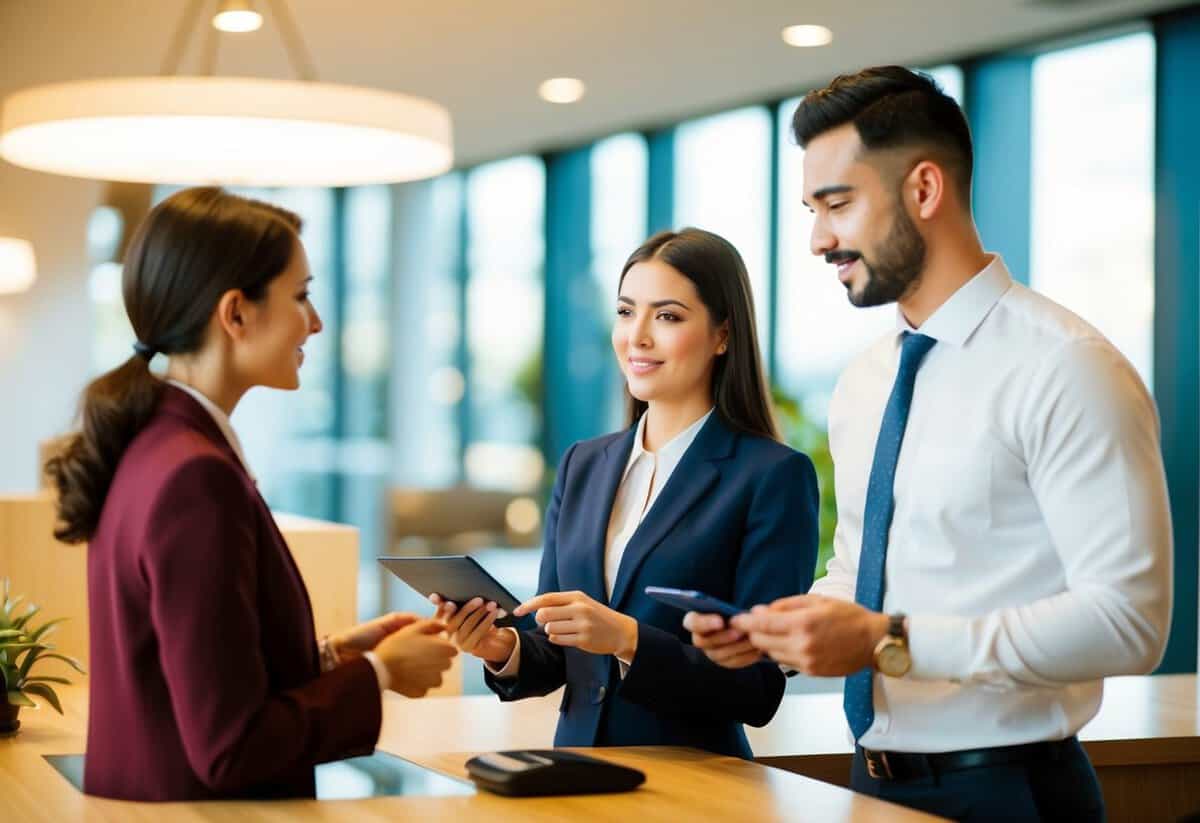 A couple discussing payment with a hotel receptionist
