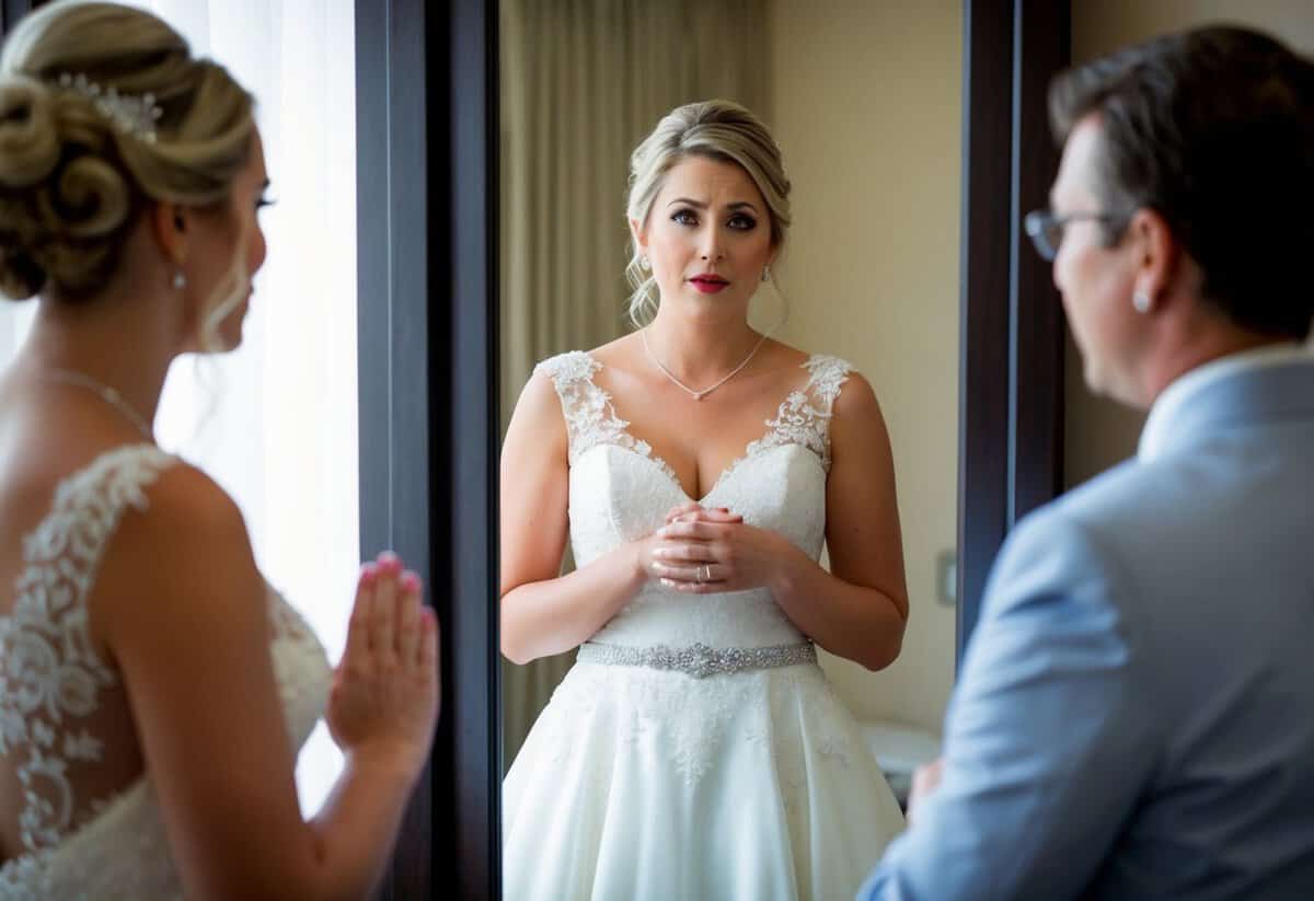 A bride standing in front of a mirror, wearing her wedding dress, with a concerned expression on her face as someone speaks to her
