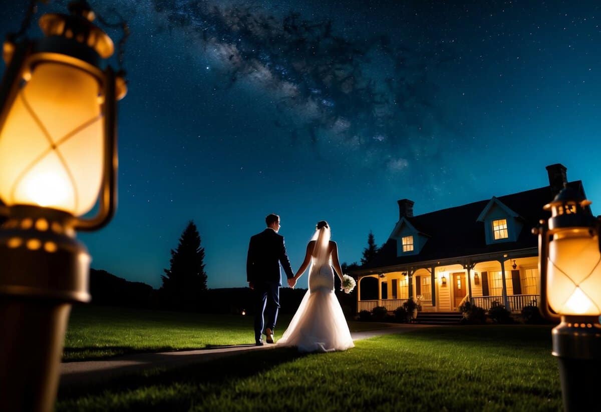 A couple's silhouette walks under a starry sky, passing by glowing lanterns and a quaint inn, symbolizing the anticipation of the night before the wedding