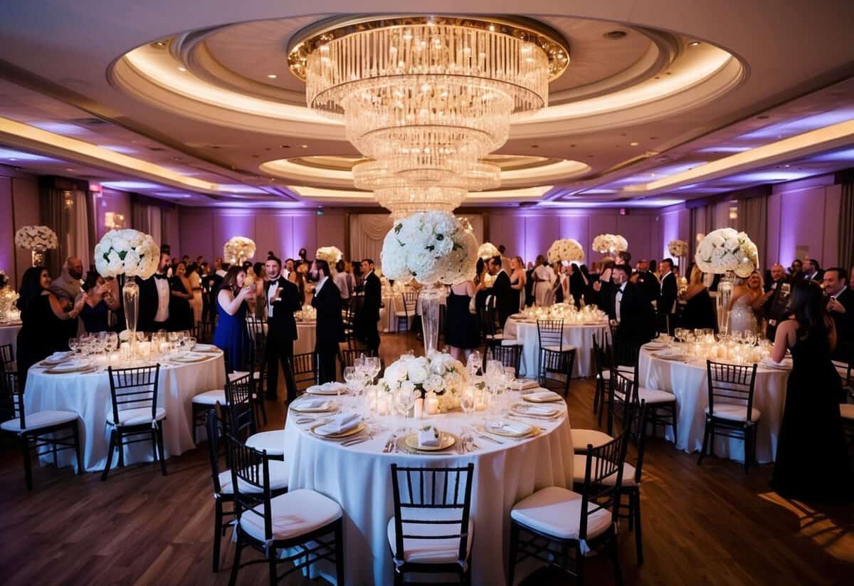A lavish wedding reception with elegant decor, a grand banquet table, and a bustling dance floor filled with guests celebrating